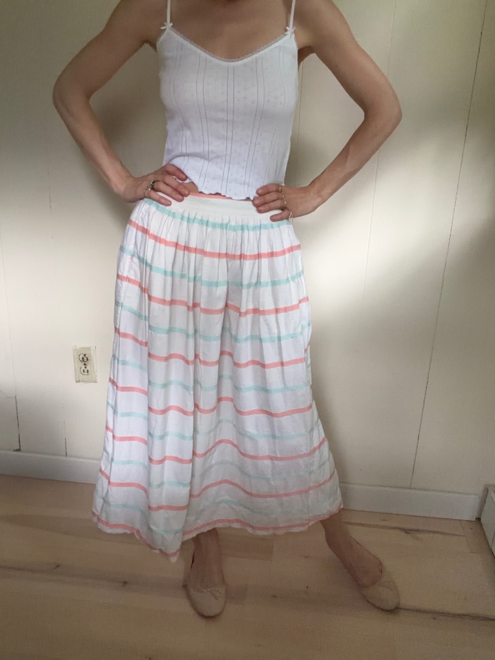 vintage 100% cotton midi skirt white with stripes cottage core summer beachy